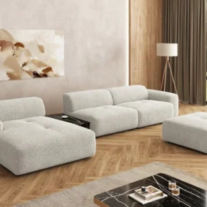 Designer Ecksofa Calm mit Beistellhocker und Beistelltisch in Bouclé