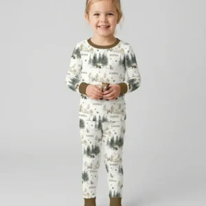 Custom Name Forest Bear Deer Bamboo Two Piece Long Sleeve Pajama Set