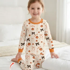 Custom Name Coquette Pumpkin Bow Fall Bamboo Two Piece Long Sleeve Pajama Set