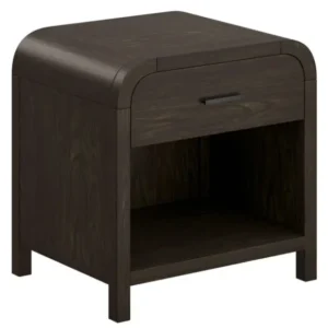 Bowman 1 drawer accent table in dark walnut finish with open shelf and mid-century modern design