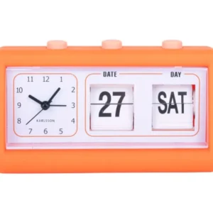 Orangefarbener Wecker mit Klappzahlen für Datum und Wochentag, Analogzeiger