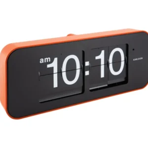 Orange Wanduhr mit Klappzahlen, Doppelanzeige 10:10, schwarze Front