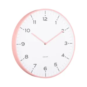 Wanduhr mit flamingopinkem Ringgehäuse und weißem Zifferblatt, rosafarbene Zeiger.