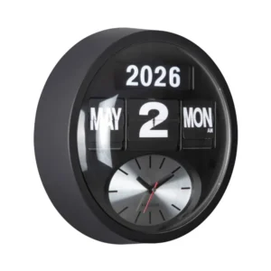 Schwarze Wanduhr mit Klappzahlen, analogem Ziffernblatt und Datumsanzeige 2026/2