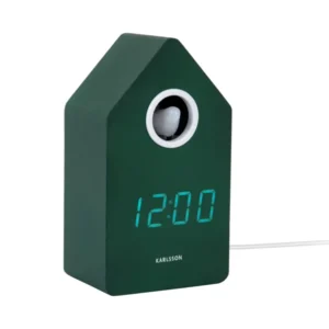 Retro-LED-Kuckuckswecker mit grünem Hausgehäuse, rundem Fenster und Anzeige 12:00