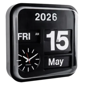 Schwarze Wanduhr mit Klappzahlen, Anzeige: 2026, FRI, 15 May