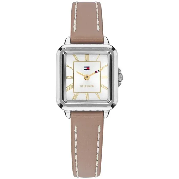 Tommy Hilfiger Mia Damenuhr: braunes Lederarmband, rechteckiges silbernes Gehäuse