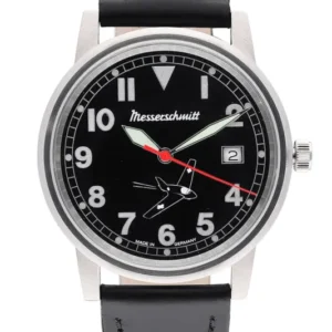 Messerschmitt Herrenarmbanduhr mit schwarzem Zifferblatt, roten Zeigern und Lederarmband.
