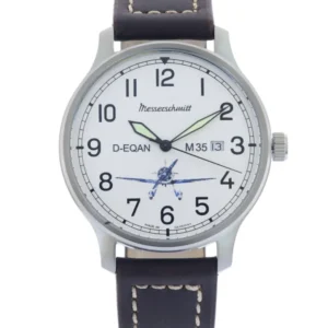 Messerschmitt Herrenarmbanduhr mit braunem Lederarmband, silbernem Gehäuse und weißem Zifferblatt