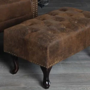 Chesterfield Fußhocker 80cm antik braun mit Knopfheftung und Nietenbesatz