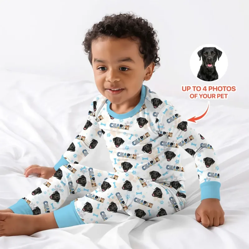 Custom Name Doodle Letters Blue Dog Bamboo Two Piece Long Sleeve Pajama Set