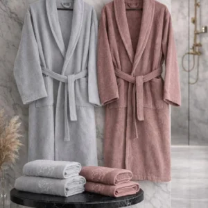 HELDENA Premium Bademantel & Handtuch Set Grau-Puder 6-teilig Baumwolle Jacquard