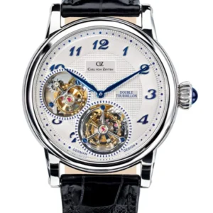 Herrenarmbanduhr mit schwarzem Lederband, silberfarbenem Gehäuse, weißem Zifferblatt und Doppel-Tourbillon