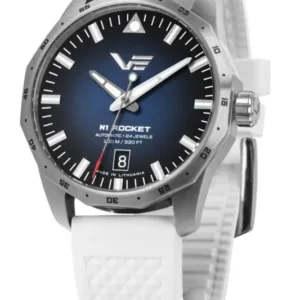 Vostok Europe Herrenuhr: weißes Silikonarmband, silbernes Gehäuse, schwarzes Zifferblatt