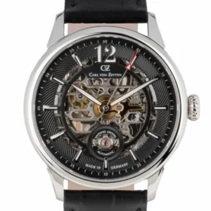 Herrenuhr mit skelettiertem Zifferblatt, schwarzem Lederarmband und silberner Lünette