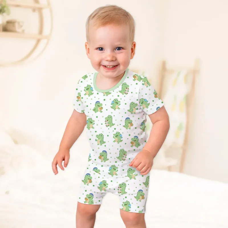 Shabbat Dinosaur Bamboo Two Piece Short Sleeve Shorts Pajama Set