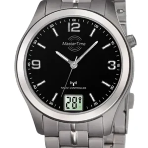 MasterTime Damen-Armbanduhr mit silbernem Metallband, schwarzem Zifferblatt und Digitalanzeige