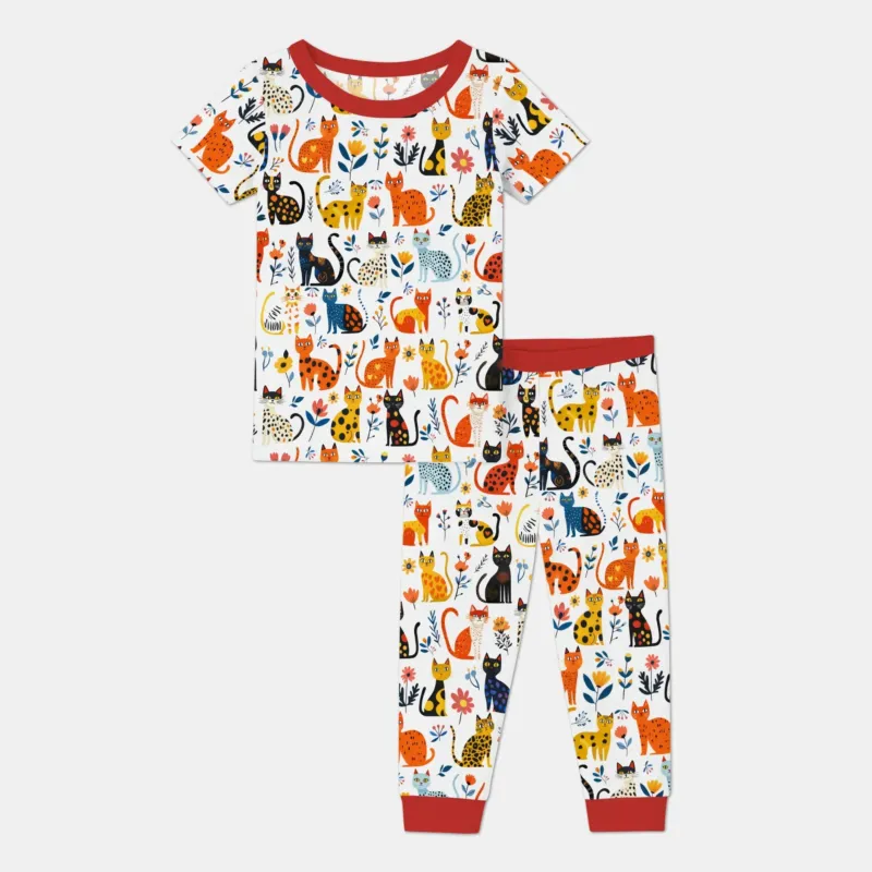 Whimsy Woodland Cats Bamboo Two Piece Short Sleeve Pajama Set