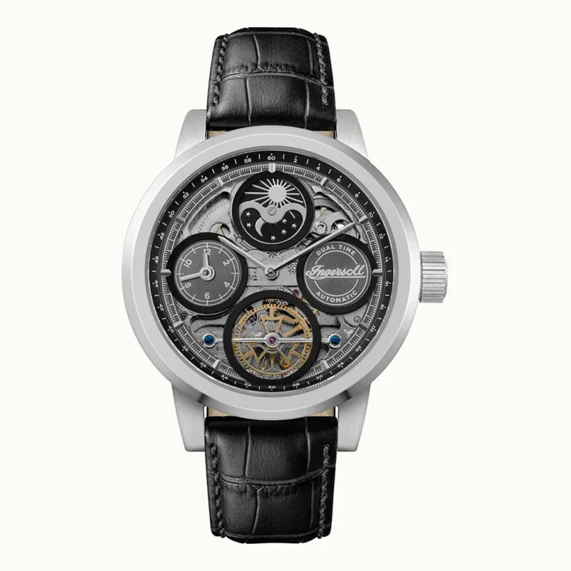 Herren-Armbanduhr Ingersoll mit schwarzem Lederarmband und Skelettzifferblatt