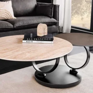 DANCING RINGS Design Couchtisch rund drehbar Travertin-/Rostoptik