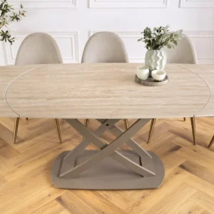INCEPTION Ausziehbarer Esstisch 130-190cm oval Travertin Keramik champagner greige
