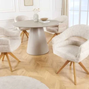 Drehbarer Stuhl ORGANIKO beige Chenillestoff Holzgestell Eiche mit Armlehne