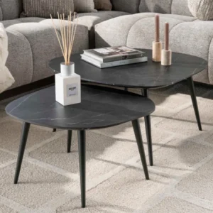 Couchtisch Virelle - 2er Set aus Melamin in Keramikoptik und einem Gestell aus Stahl