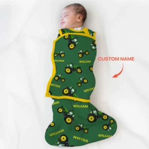 Custom Name Green Tractors Matching Daddy & Me Swaddle Blanket