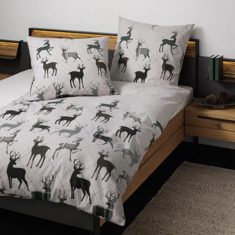 Bettwäsche Feinbiber Davos Natur mit Hirschmotiv 135 x 200 cm