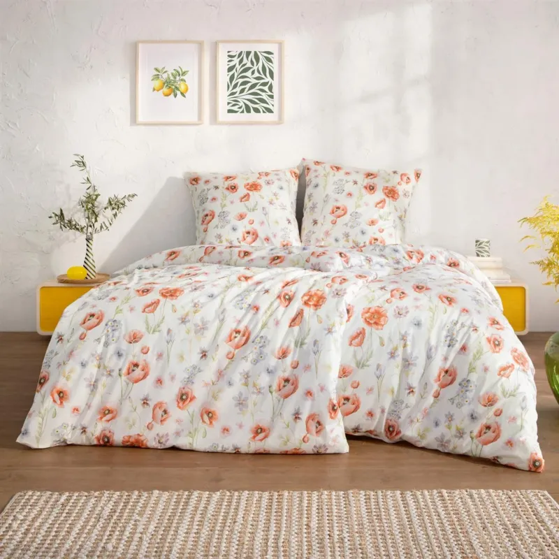 Bettwäsche Interlock Jersey Elysia Creme mit Blumenmuster 135 x 200 cm
