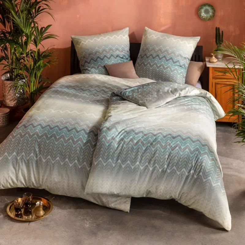 Bettwäsche Interlock Jersey Luna Grün mit Zickzackmuster 155 x 220 cm