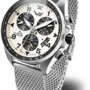 Herrenarmbanduhr: silbernes Meshband, schwarzes/weißes Chronograph-Zifferblatt