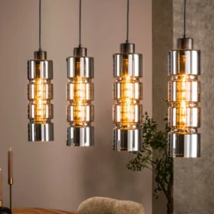 Pendelleuchte „Navaro“ – 4 Leuchten mit verchromten Glasschirmen in Zylinder-Form