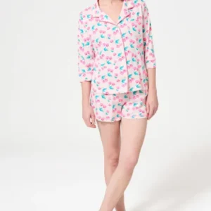 Pyjama Femme Amarena Manches longues Imprimé cerise rose et verte 1