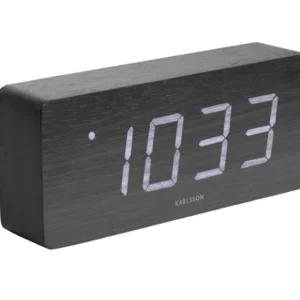 Schwarzer LED-Wecker im Holzlook mit Anzeige „10:33“