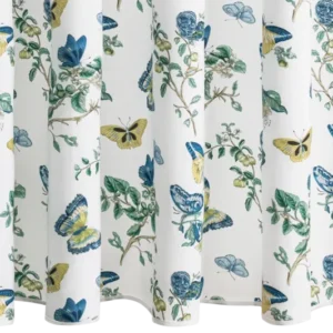 Matouk Baudin Butterfly shower curtain in white with blue and yellow butterfly print.