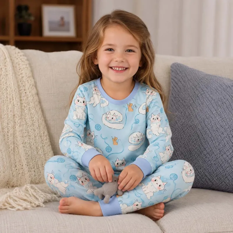 Blue Yarn Kittens Bamboo Two Piece Long Sleeve Pajama Set