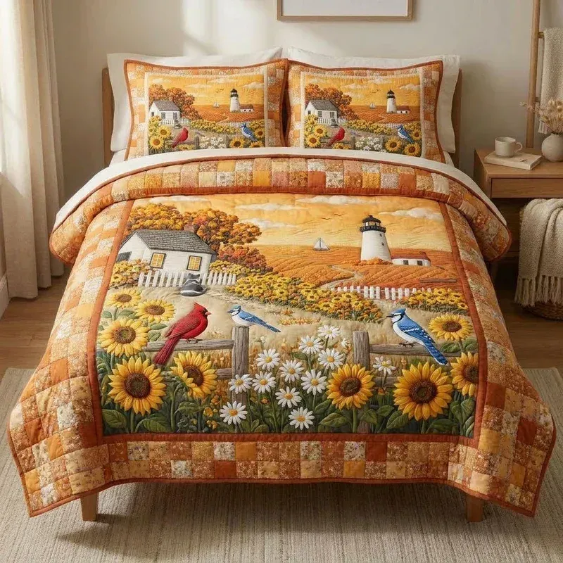 Bluebirds Sunflower Meadow Bamboo Quilt Bedding Set