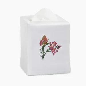 Henry Handwork white linen tissue box cover with embroidered butterfly and pink floral motif.