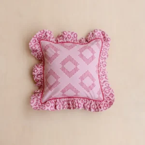 Cotton Cushion Cover in Pink Diamond by TBCo with ruffled trim and pink geometric diamond pattern on soft cotton fabric