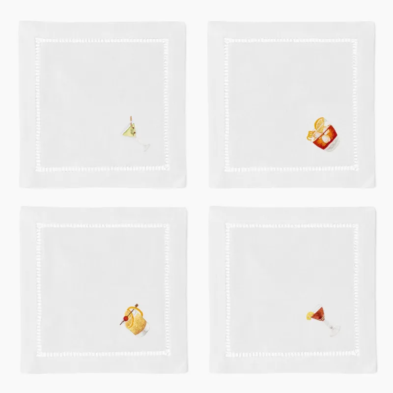 Henry Handwork Classic Drinks white linen cocktail napkins with embroidered cocktail motifs, set of 4.