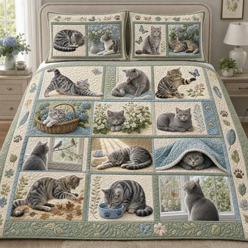 Chalkboard Grey Kittens Bamboo Quilt Bedding Set