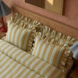 TBCo Cotton Duvet Cover & Pillowcases Set in Mint Stripe with soft ruffles and classic striped pattern on cotton fabric