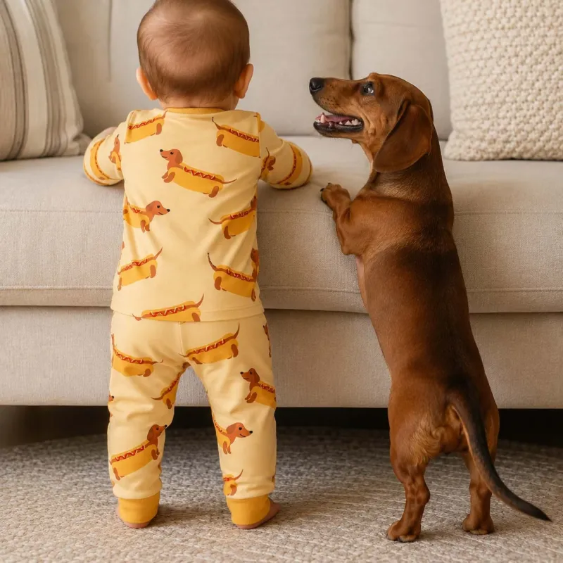 Dachshund Hot Dog Bamboo Two Piece Long Sleeve Pajama Set