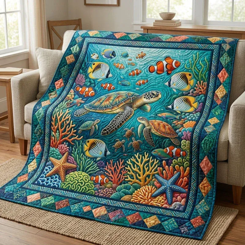 Deep Blue Reef Bamboo Quilt Blanket