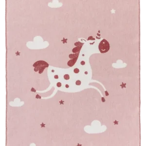 Einhorn Kinderdecke aus 100 % Bio-Baumwolle (kbA) in Rosa mit Einhorn, Wolken und Sternen, 100 × 150 cm, Made in Germany