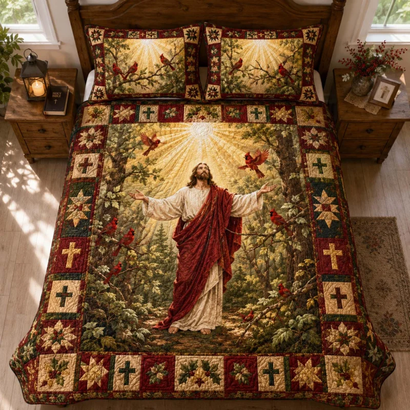 Jesus Cardinals Divine Light Bamboo Quilt Bedding Set