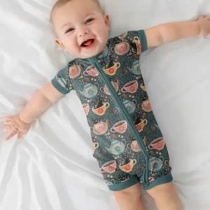 Folk Floral Black Cat Tea Party Bamboo Shorty Zippy