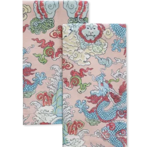 Matouk Magic Mountain guest towels, blush linen with blue dragon and cloud print, set of two.