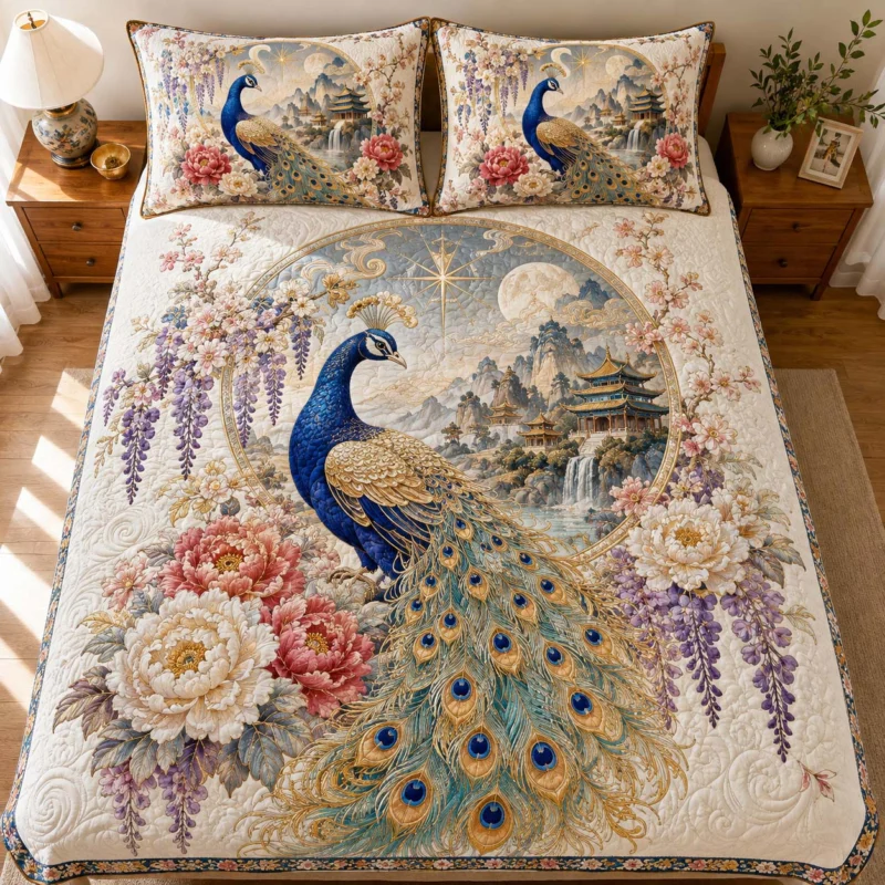 Oriental Peacock Moon Garden Bamboo Quilt Bedding Set